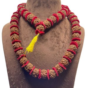 Original 54+1 Beads Large Size Rudraksha Kantha Mala with Red Velvet Spacers - Premium Big Bead 5 Mukhi Rudraksh Mala for Men with Yellow Tassel
